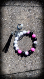 🌸🖤💗 Midnight Bloom Silicone Beaded Wristlet – Black, White, Pink & Floral