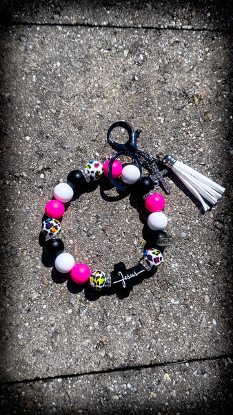 🖤💗🌈 Wild Faith Silicone Beaded Wristlet – Pink, White, Black & Leopard Print ✝️
