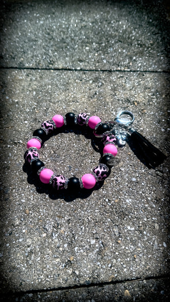 🖤💗🐆 Wild Pink Leopard Silicone Beaded Wristlet – Hot Pink, Black & Animal Print