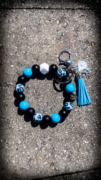 💙🖤 Blue Leopard Pop Silicone Beaded Wristlet – Black, Blue & White with Tassel