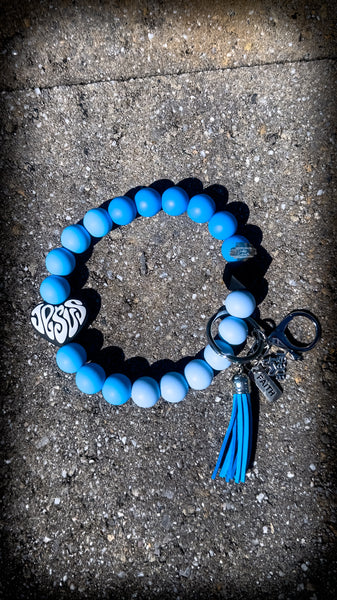 🩵🤍 Men's Faithful Waves Silicone Beaded Wristlet – Blue & White Jesus Heart ✝️