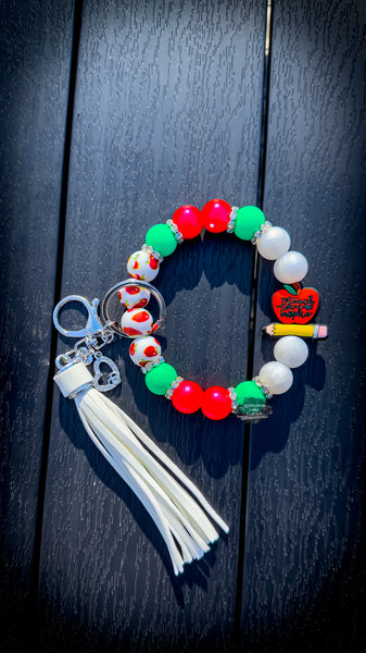 🍎✏️ Teach, Love, Inspire Beaded Wristlet – Red, Green & Apple Charm