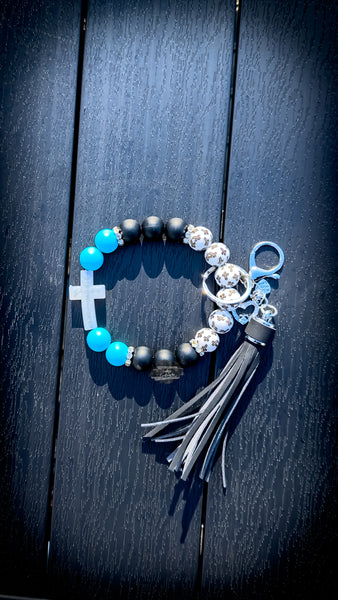 ✝️💙🖤 Faithful Cross Wristlet – Turquoise, Black & White Christian Keychain