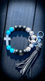 ✝️💙🖤 Faithful Cross Wristlet – Turquoise, Black & White Christian Keychain