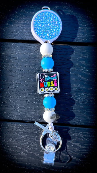 💙✨👩‍⚕️ Blessed Nurse Sparkle Badge Reel & Silicone Beaded ID Holder